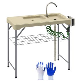Outsunny Folding Fish Cleaning Table with Sinks, Portable Camping Sink Table with Faucet, Drainage Hose, Sprayer, Shelf, Drawer and Storage Baske