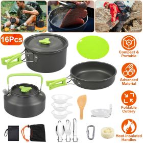 16 Piece Camping Cookware Set with Stove Aluminum Pots Frying Pan Kettle Bowls Fork Spoon Knife Carabiner Spatula Cutting Board Portable Cook Kit for